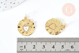 Pendentif médaille ronde Cœur émail blanc et zircons laiton doré 18K 22mm, x1 (G7133)
