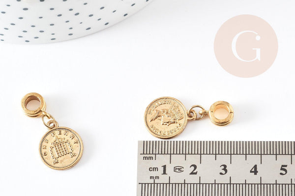 Pendentif médaille ronde Penny zamac doré 2.1cm, pendentif doré, médaillon,métal doré, x1 G0355