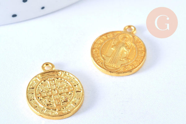 Pendentif médaille ronde Saint Benoit laiton doré émail jaune 18mm, x1 (G5498)