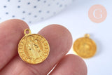 Pendentif médaille ronde Saint Benoit laiton doré émail jaune 18mm, x1 (G5498)