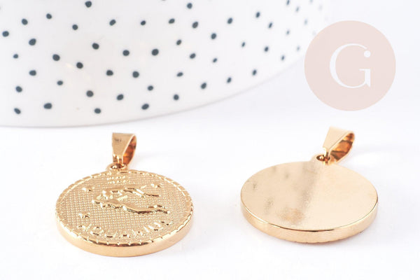 Pendentif médaille ronde Verseau acier 304 inoxydable doré à graver, x1 (G1721)
