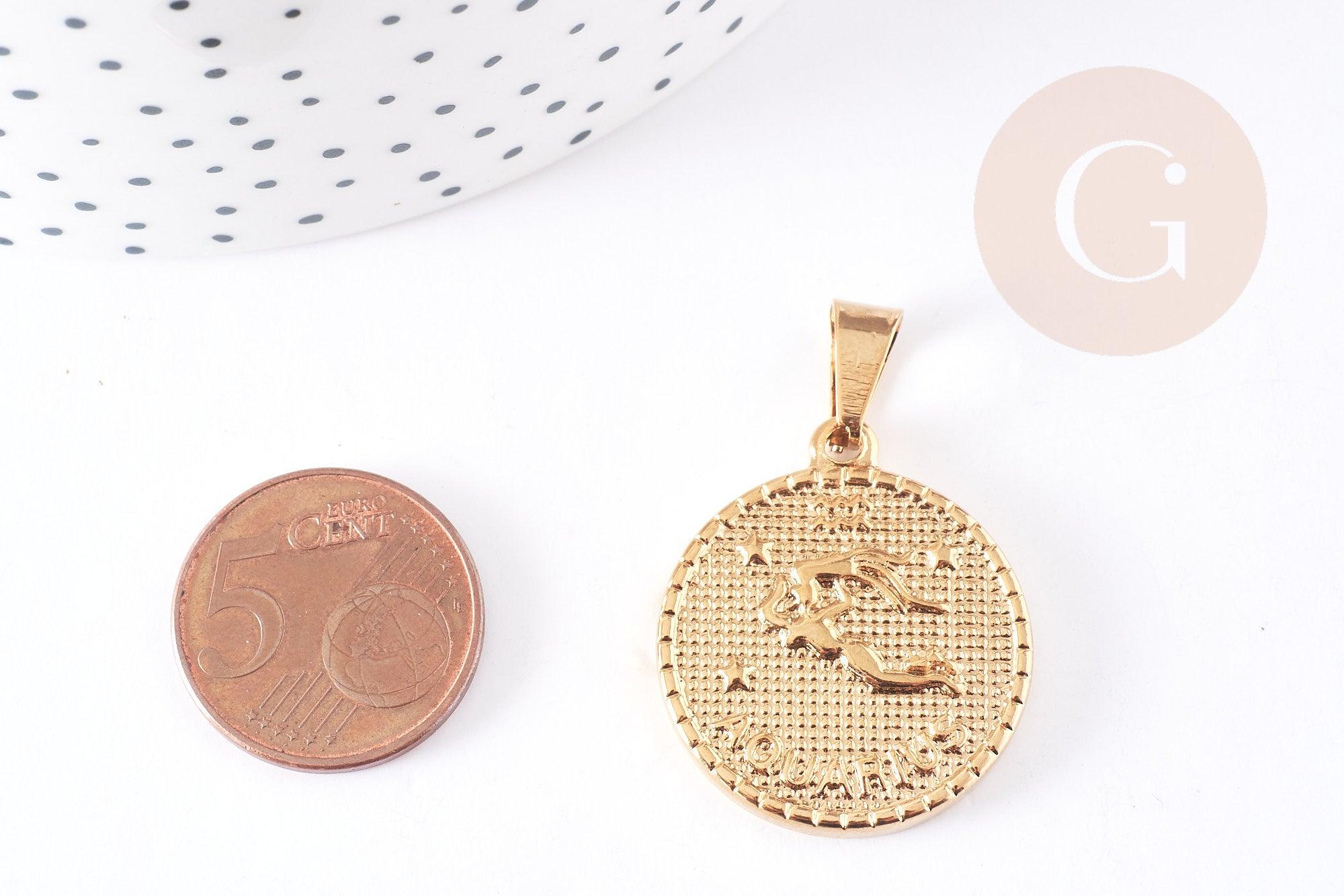 Pendentif médaille ronde Verseau acier 304 inoxydable doré à graver, x1 (G1721)