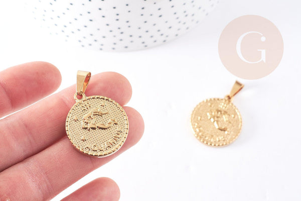 Pendentif médaille ronde Verseau acier 304 inoxydable doré à graver, x1 (G1721)