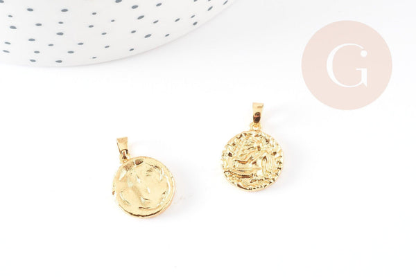 Pendentif médaille ronde Vierge laiton doré 18K 16.5mm, un pendentif doré astrologique création bijoux, x1 G3644