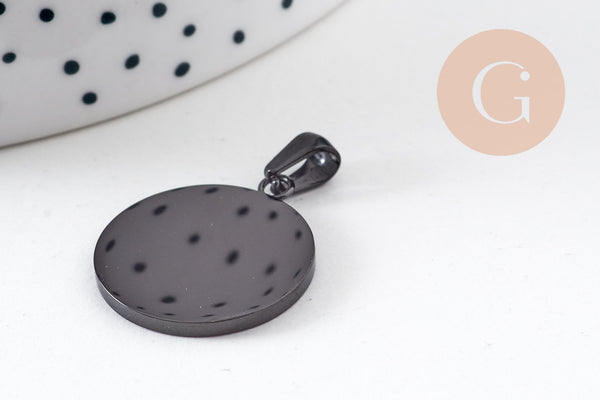 Pendentif médaille ronde acier 304 inoxydable IP noir opaque 23.5mm, x1 (G10881)