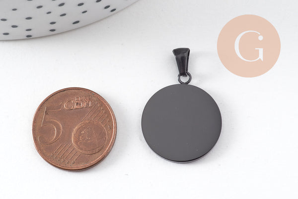 Pendentif médaille ronde acier 304 inoxydable IP noir opaque 23.5mm, x1 (G10881)