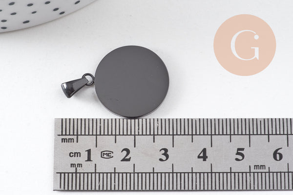 Pendentif médaille ronde acier 304 inoxydable IP noir opaque 23.5mm, x1 (G10881)