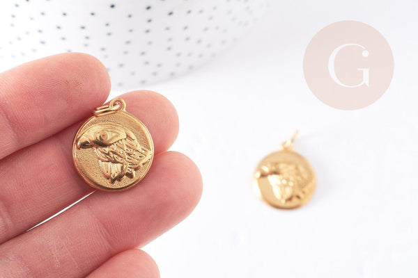 Pendentif médaille ronde aigle acier inoxydable doré,pendentif doré sans nickel,médaille or,2.2cm,x1 (G4056)