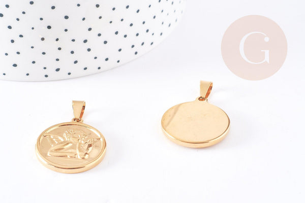 Pendentif médaille ronde ange acier 304 inoxydable doré 23mm, x1 (G0140)