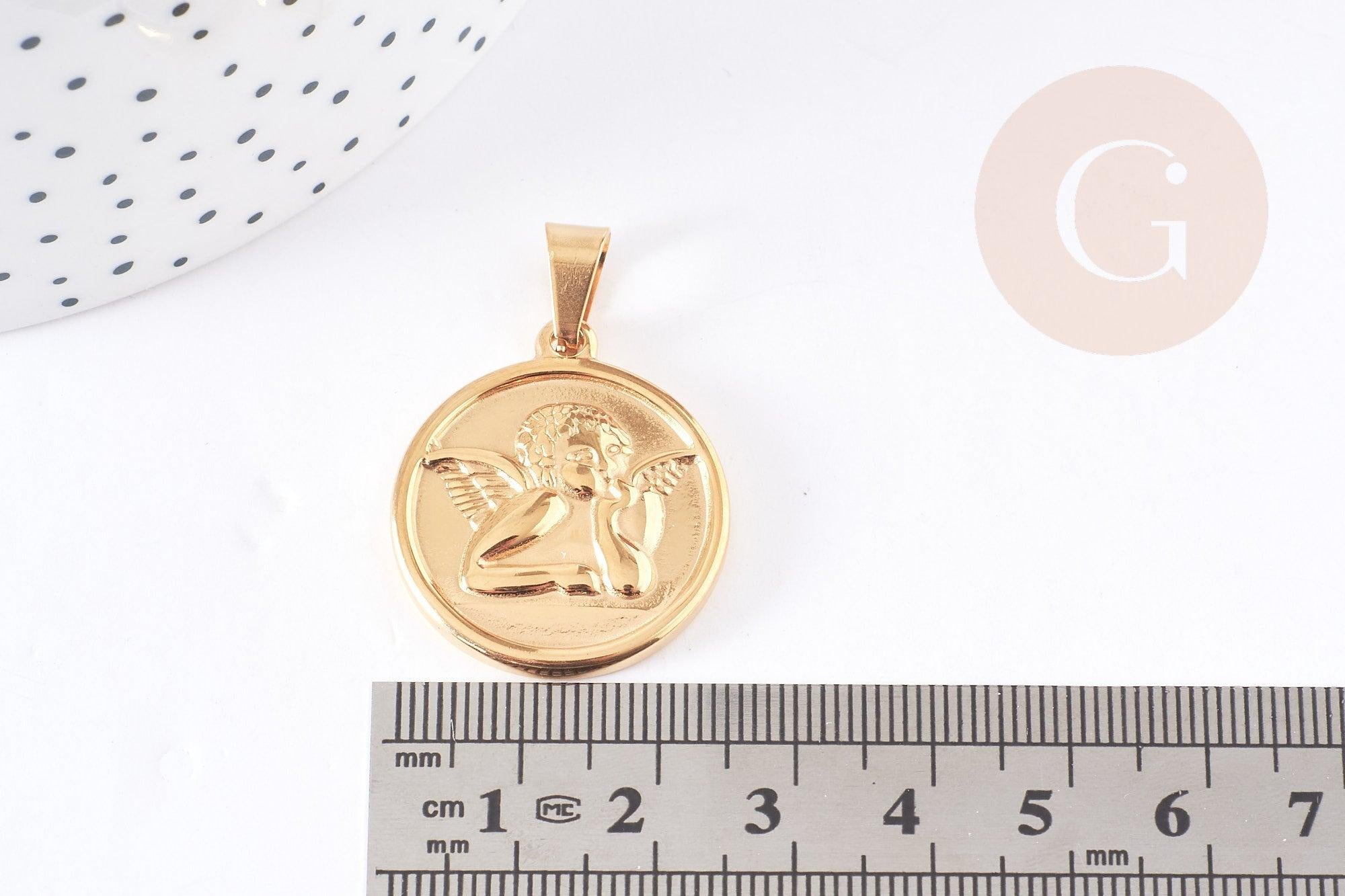 Pendentif médaille ronde ange acier 304 inoxydable doré 23mm, x1 (G0140)