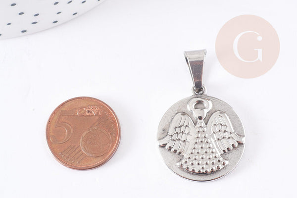 Pendentif médaille ronde ange acier doré ou platine 28.5mm, x1 (G4055)