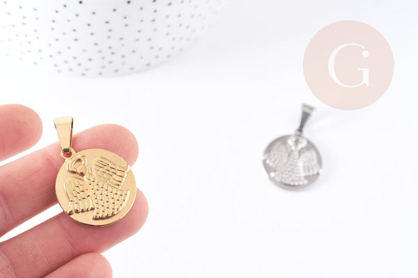 Pendentif médaille ronde ange acier doré ou platine 28.5mm, x1 (G4055)