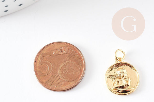 Pendentif médaille ronde ange laiton doré 18K, pendentif laiton doré pour création bijoux,médaille or,17mm, x1 G4929