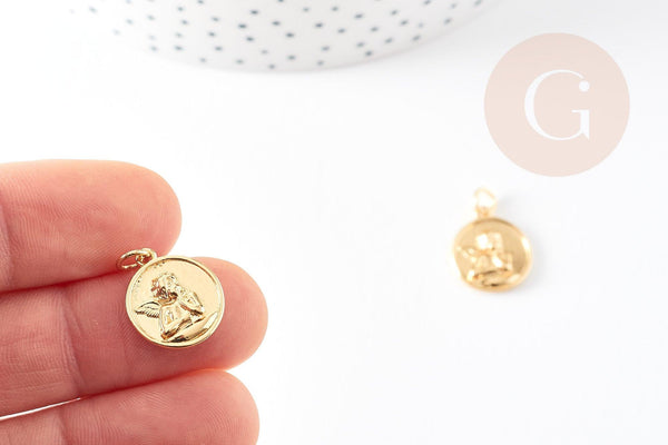 Pendentif médaille ronde ange laiton doré 18K, pendentif laiton doré pour création bijoux,médaille or,17mm, x1 G4929