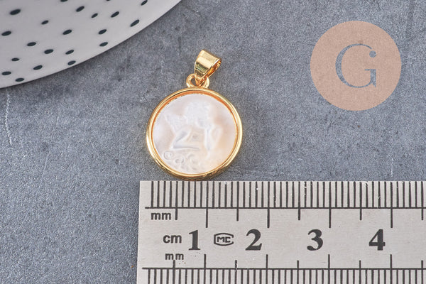 Pendentif médaille ronde ange laiton doré nacre 18.3mm, pendentif nacre et laiton doré pour création bijoux, x1 (G5526)