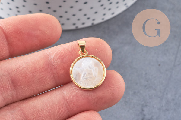 Pendentif médaille ronde ange laiton doré nacre 18.3mm, pendentif nacre et laiton doré pour création bijoux, x1 (G5526)