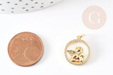 Pendentif médaille ronde ange laiton doré nacre et zircon, pendentif nacre et laiton doré pour création,médaille or,17.5mm, x1 G3569