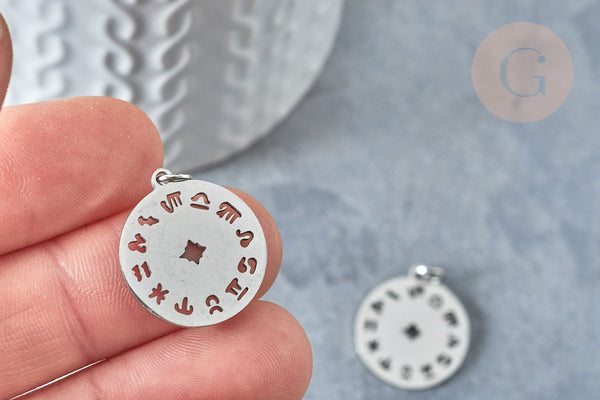 Pendentif médaille ronde astrologie argenté acier inoxydable 22mm,signe astrologique, , x1 G7602
