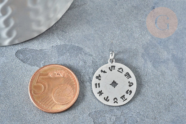 Pendentif médaille ronde astrologie argenté acier inoxydable 22mm,signe astrologique, , x1 G7602