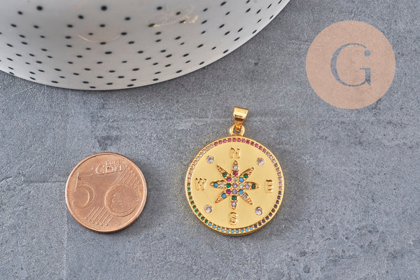 Pendentif médaille ronde boussole étoile laiton doré 18K zircons 25.5mm, x1 (G3554)