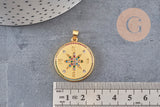 Pendentif médaille ronde boussole étoile laiton doré 18K zircons 25.5mm, x1 (G3554)
