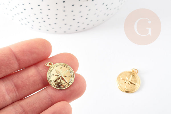 Pendentif médaille ronde boussolle étoile laiton doré 18K 21.5mm, x1 (G5330)