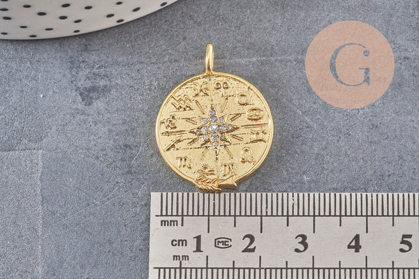 Pendentif médaille ronde boussolle étoile laiton doré 18K zircons, un pendentif doré avec cristal pour création bijoux,29.8mm, x1 (G7043)