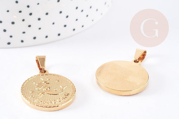 Pendentif médaille ronde capricorne acier doré 29mm, x1 G0818