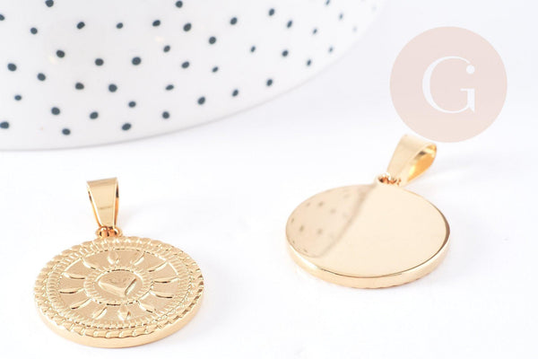 Pendentif médaille ronde cœur acier 304 inoxydable doré 25mm, x1 (G2051)