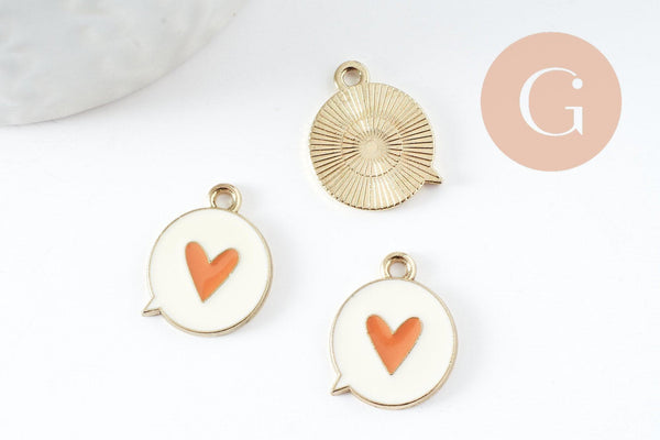 Pendentif médaille ronde coeur émail orange laiton doré 17.5mm, x1 (G4294)