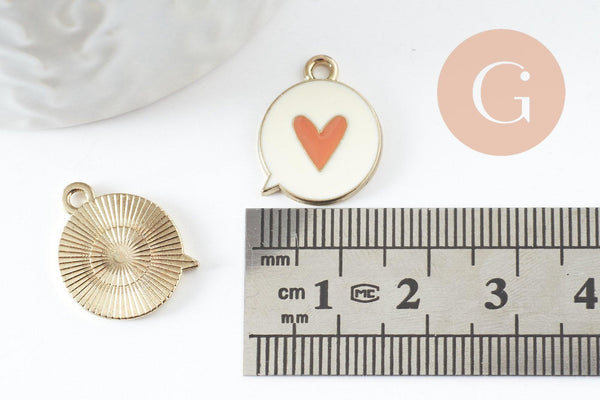 Pendentif médaille ronde coeur émail orange laiton doré 17.5mm, x1 (G4294)