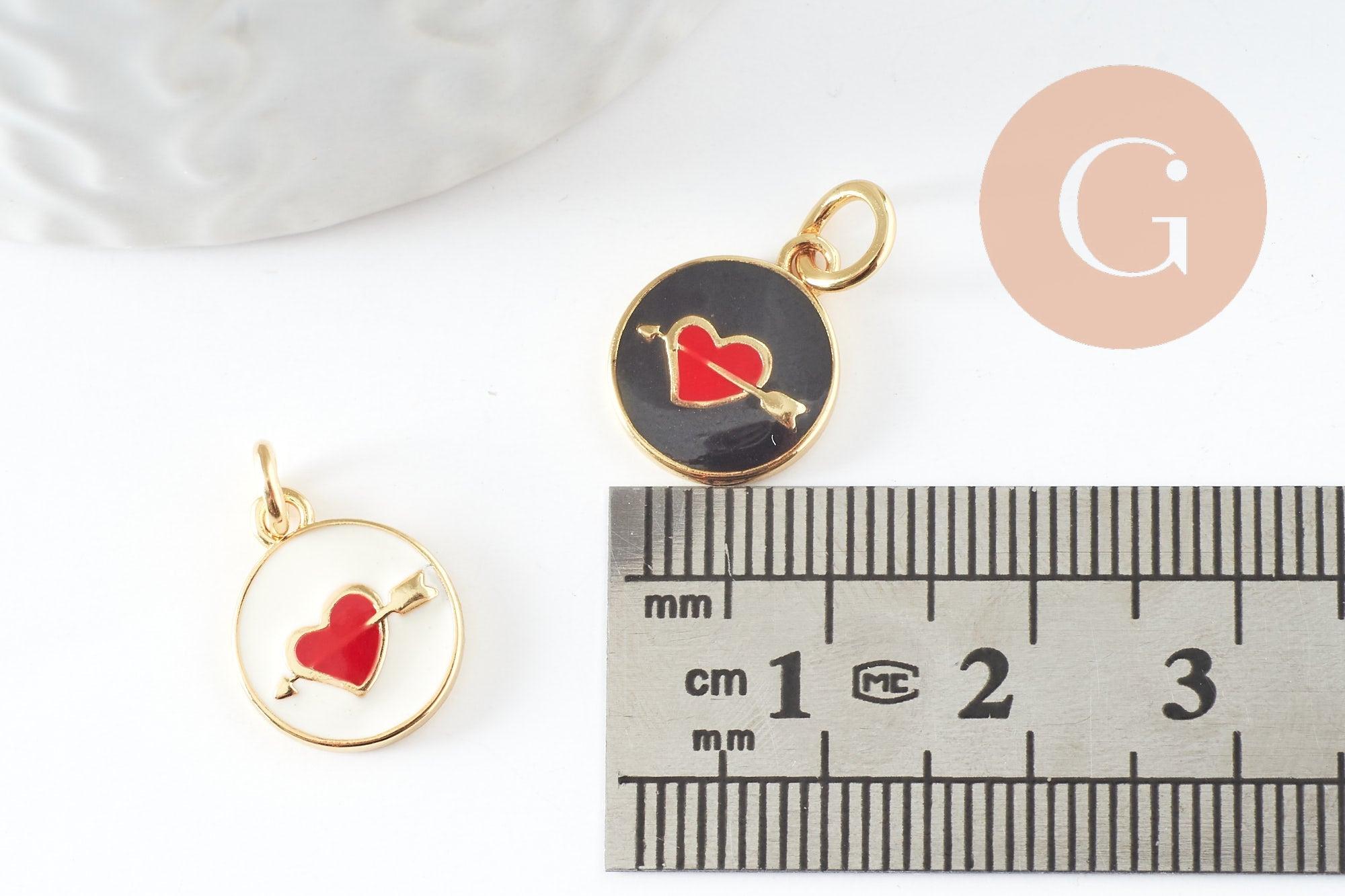 Pendentif médaille ronde coeur oeil émail rouge laiton doré ,pendentif laiton amour 14mm, x1 (G4292)