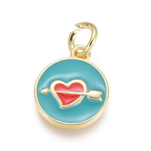 Pendentif médaille ronde coeur oeil émail rouge laiton doré ,pendentif laiton amour 14mm, x1 (G4292)