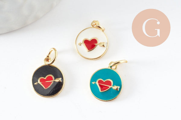 Pendentif médaille ronde coeur oeil émail rouge laiton doré ,pendentif laiton amour 14mm, x1 (G4292)
