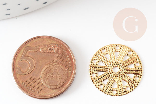 Pendentif médaille ronde dentelle acier doré, pendentif doré,sans nickel,acier doré,médaille or,17.5mm, x2 G4913