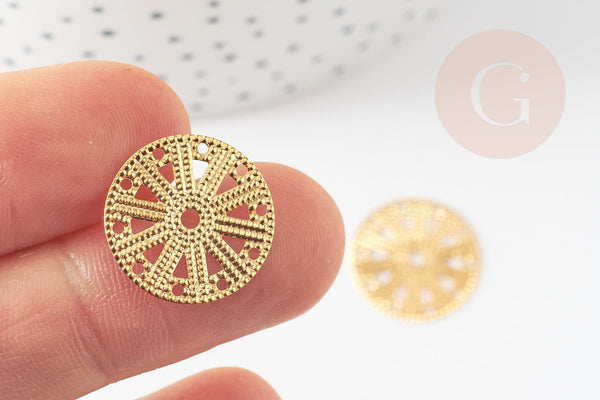 Pendentif médaille ronde dentelle acier doré, pendentif doré,sans nickel,acier doré,médaille or,17.5mm, x2 G4913