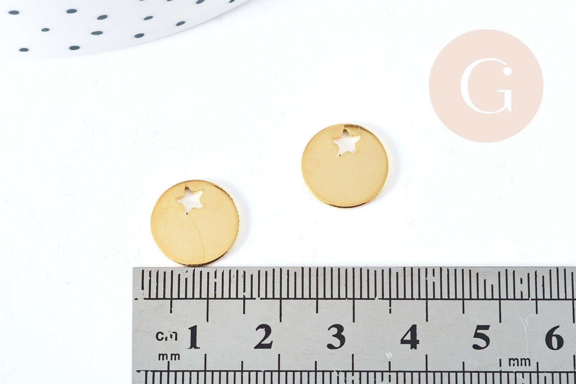 Pendentif médaille ronde étoile acier 201 doré inoxydable 12.5mm, x1 (G8818)