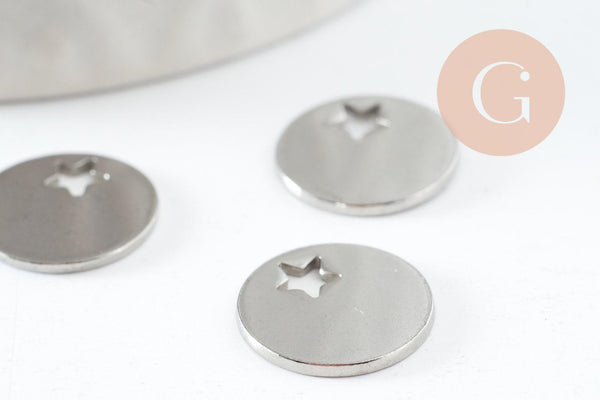 Pendentif médaille ronde étoile acier 201 inoxydable platine 12.5mm, x1 (G9500)