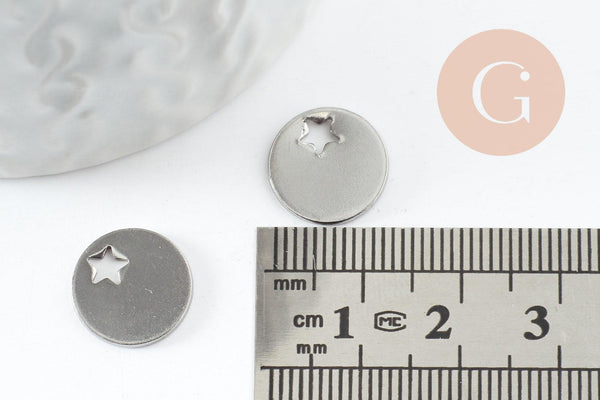 Pendentif médaille ronde étoile acier 201 inoxydable platine 12.5mm, x1 (G9500)