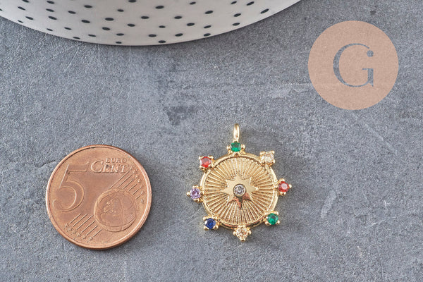 Pendentif médaille ronde étoile laiton doré zircons colorés, un pendentif doré avec cristaux pour création bijoux,24mm, x1 (G3377)