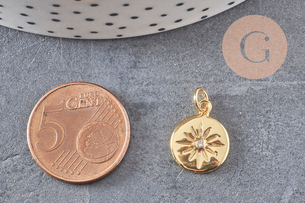 Pendentif médaille ronde étoile laiton doré zircons, un pendentif doré avec cristaux pour création bijoux,15mm, x1 (G3542)