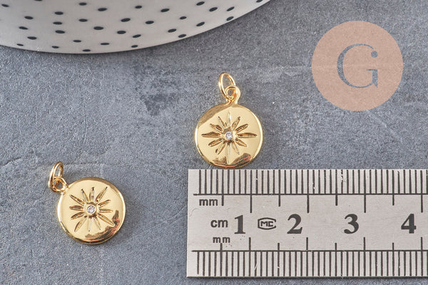 Pendentif médaille ronde étoile laiton doré zircons, un pendentif doré avec cristaux pour création bijoux,15mm, x1 (G3542)