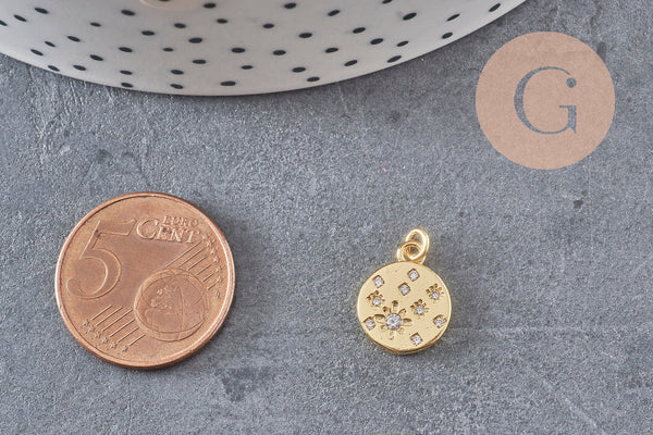 Pendentif médaille ronde étoiles laiton doré zircons, un pendentif doré avec cristaux pour création bijoux,14mm, x1 (G4748)