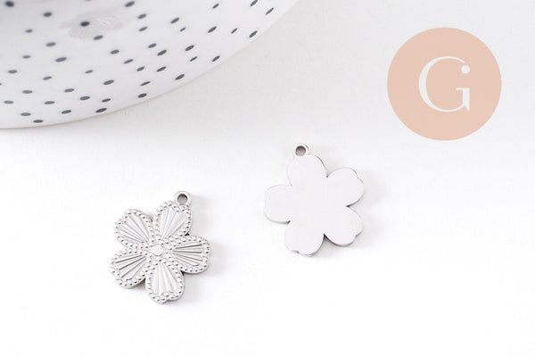 Pendentif médaille ronde fleur acier 304 inoxydable platine 17.5mm, x1 (G10480)