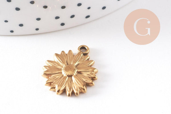 Pendentif médaille ronde fleur marguerite acier 304 inoxydable doré 21.5mm, x1 (G10481)