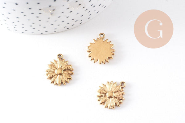 Pendentif médaille ronde fleur marguerite acier 304 inoxydable doré 21.5mm, x1 (G10481)