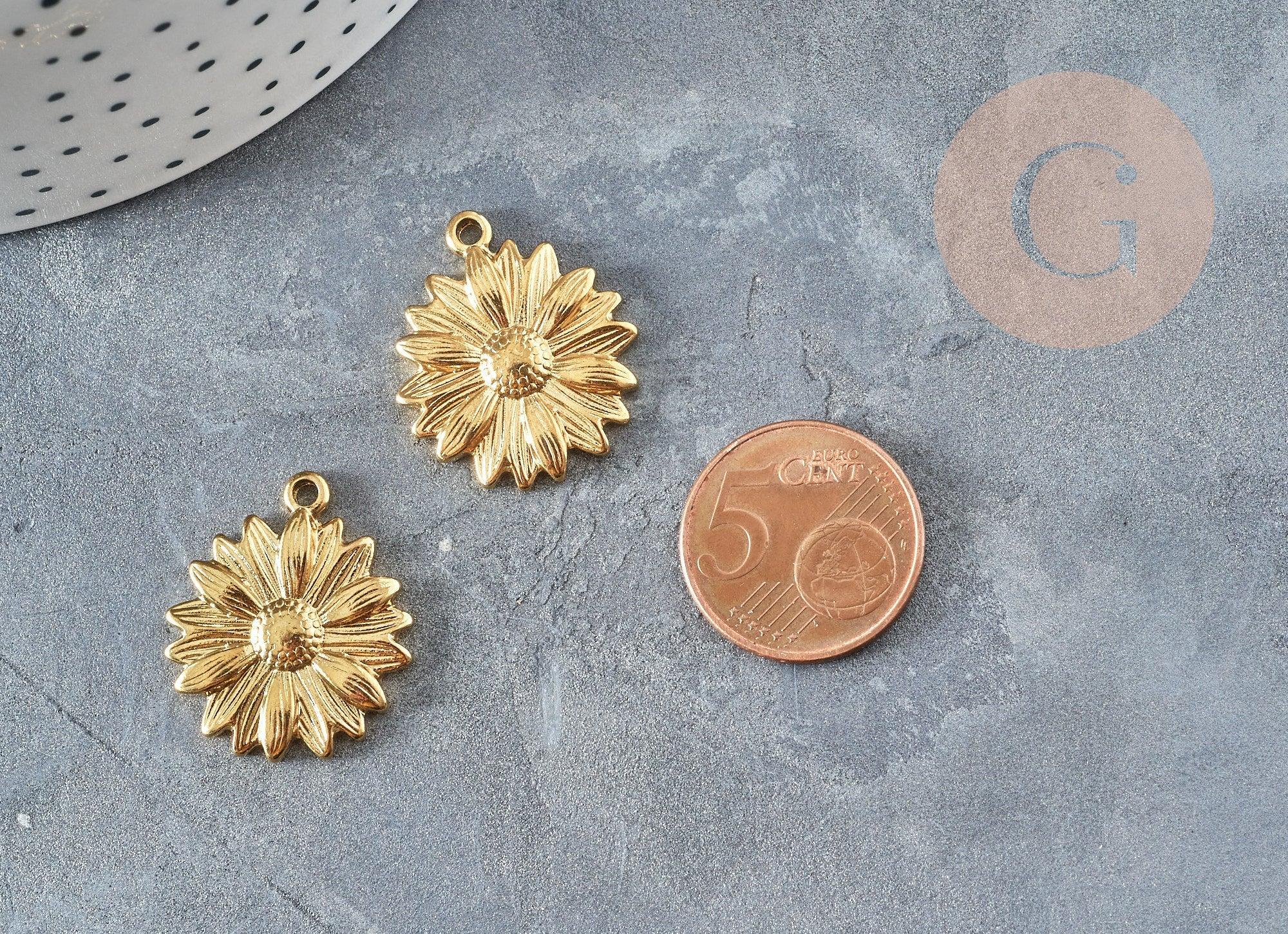 Pendentif médaille ronde fleur tournesol acier 304 inoxydable doré PVD 25.5mm x1 (G2921)