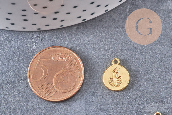 Pendentif médaille ronde laiton doré diamant gem, une médaille dorée ronde pour création de bijoux,12.5mm, x1 (G3564)