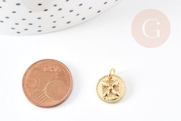 Pendentif médaille ronde laiton doré fleur 12mm, x1 (G4826)