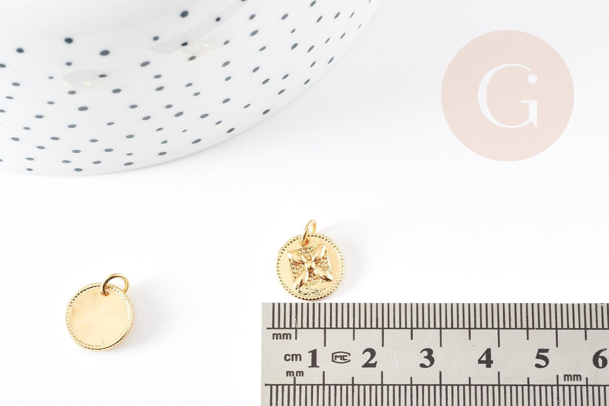 Pendentif médaille ronde laiton doré fleur 12mm, x1 (G4826)